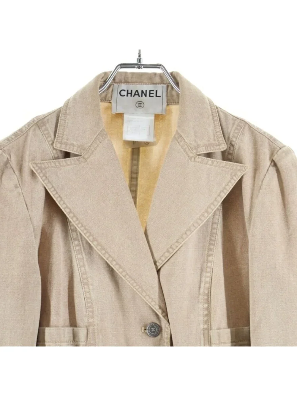 Chanel Vintage Denim Tailored Jacket CC Logo Button Beige